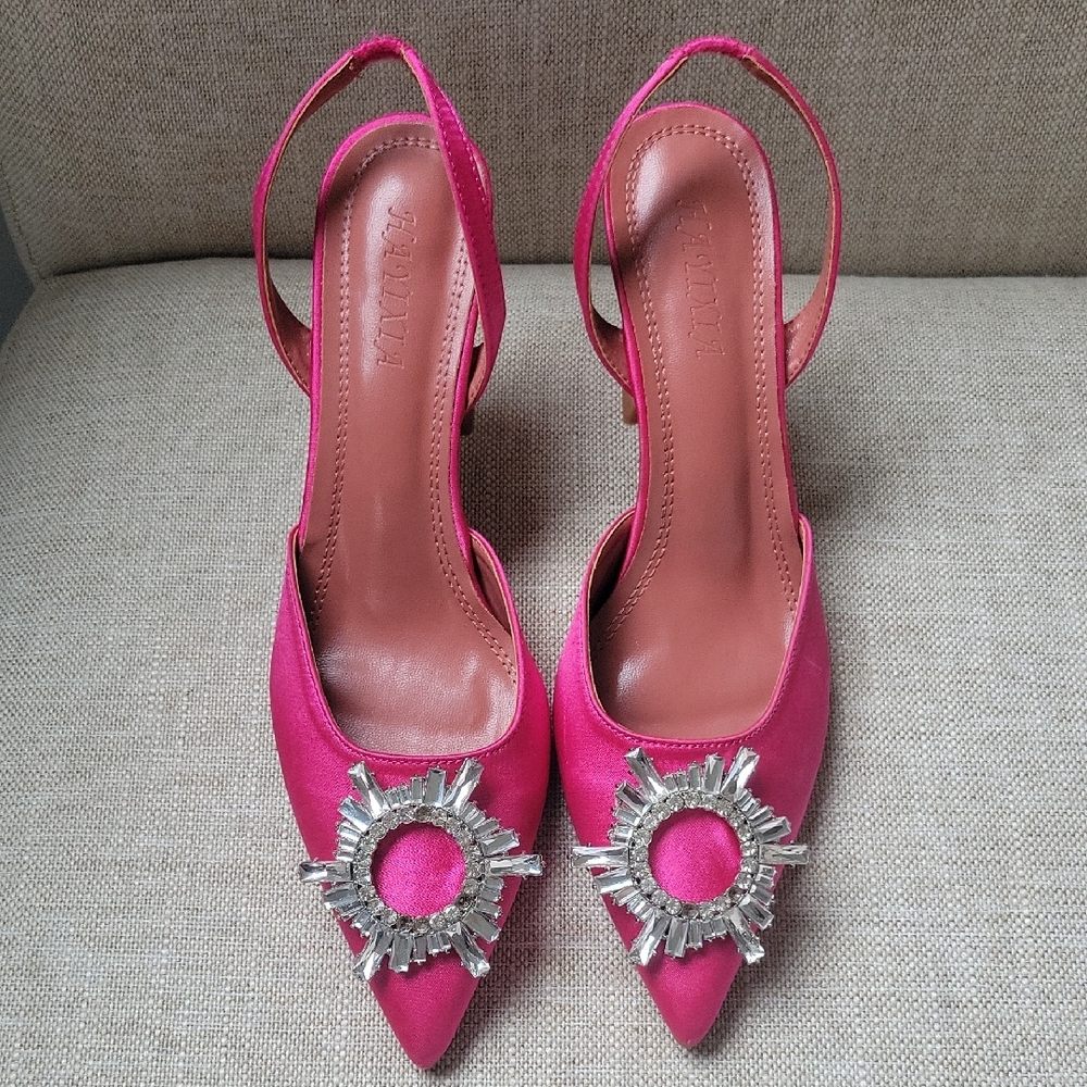 HAYIXIA Slingback Heels with Crystal Brooch